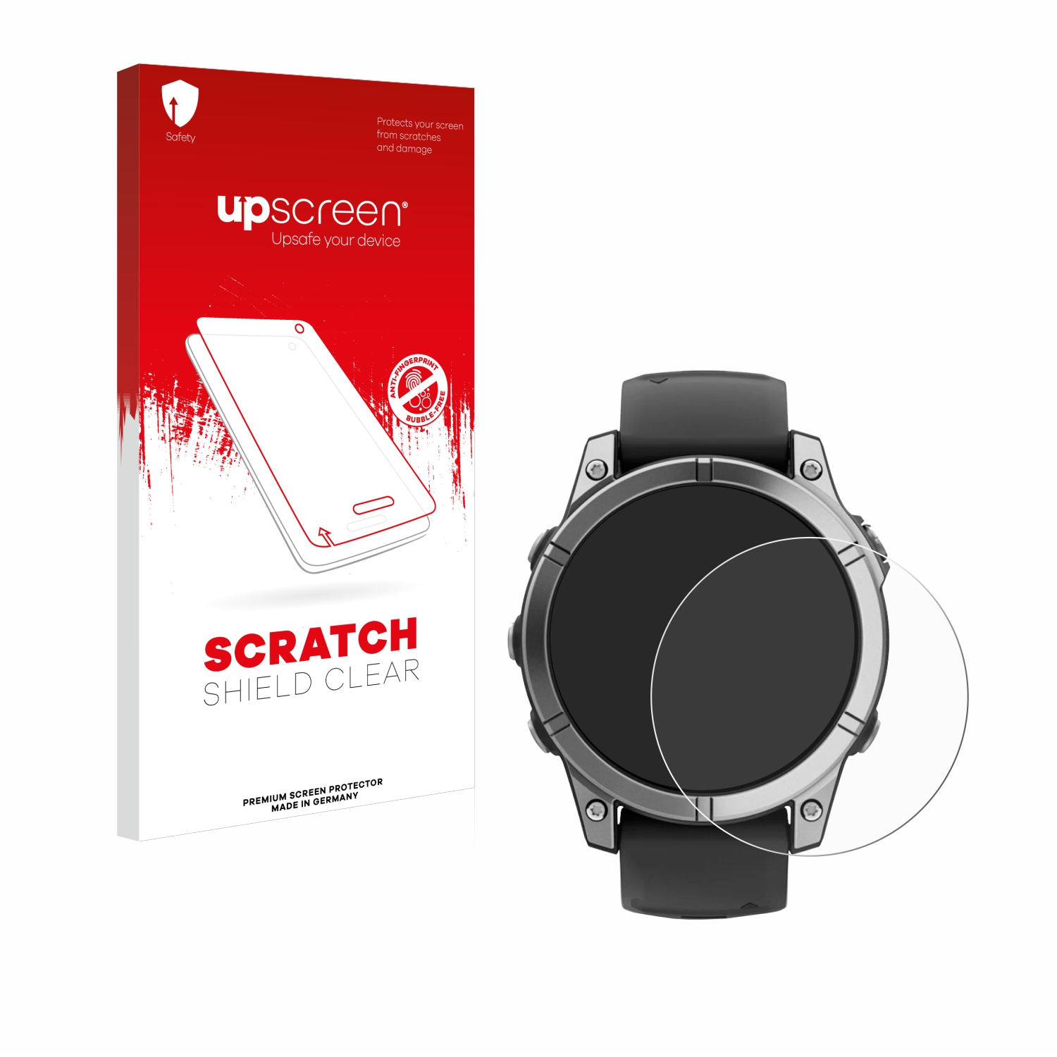 Smartwatch auf weißem Hintergrund mit Displayschutzverpackung.