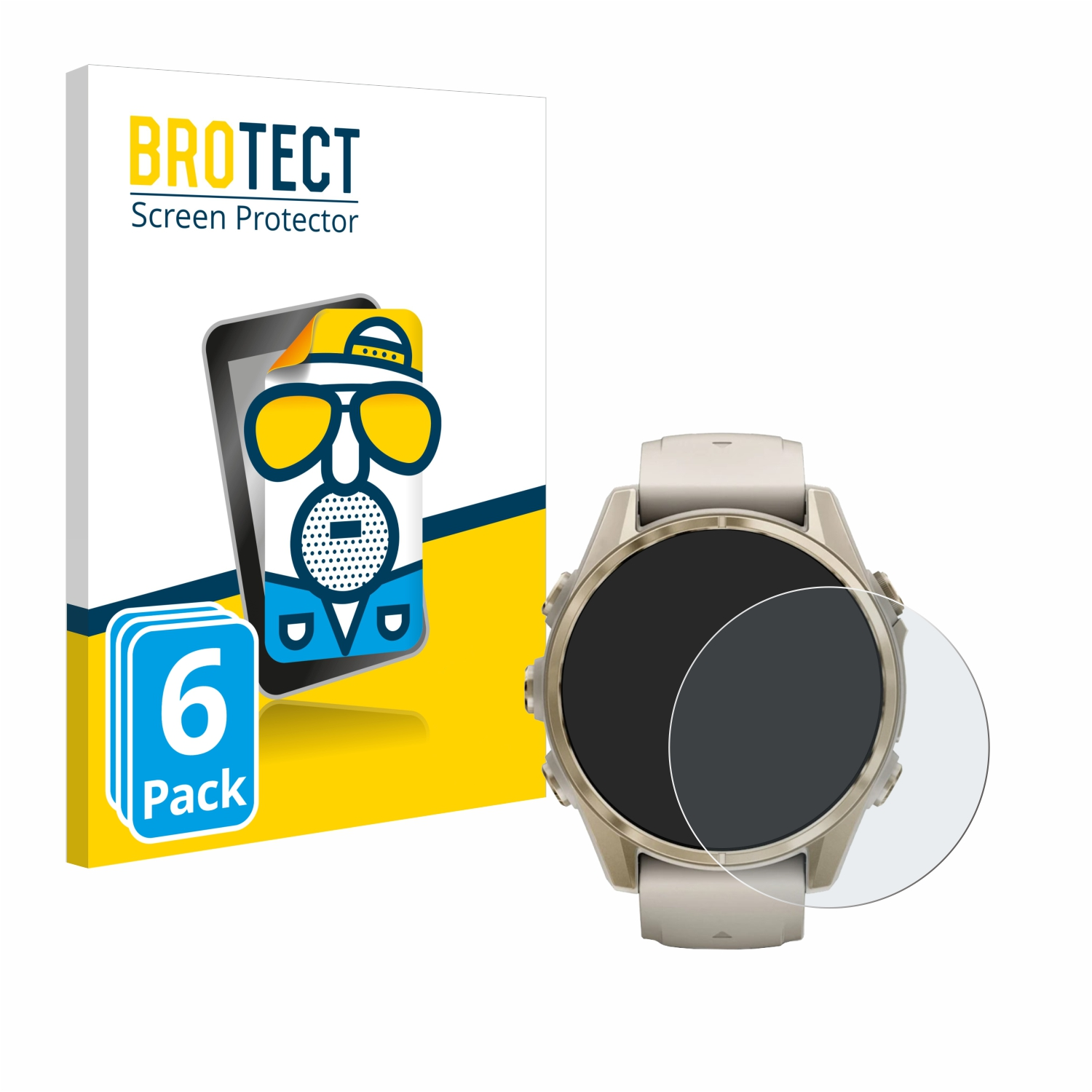 Ein Displayschutz und eine goldene Uhr mit schwarzem Bildschirm und weißem Armband.
