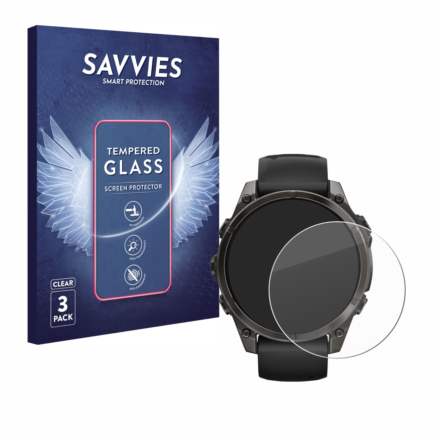 Eine Smartwatch mit einer Displayschutzfolienbox. Der Schutz ist kreisförmig und klar.