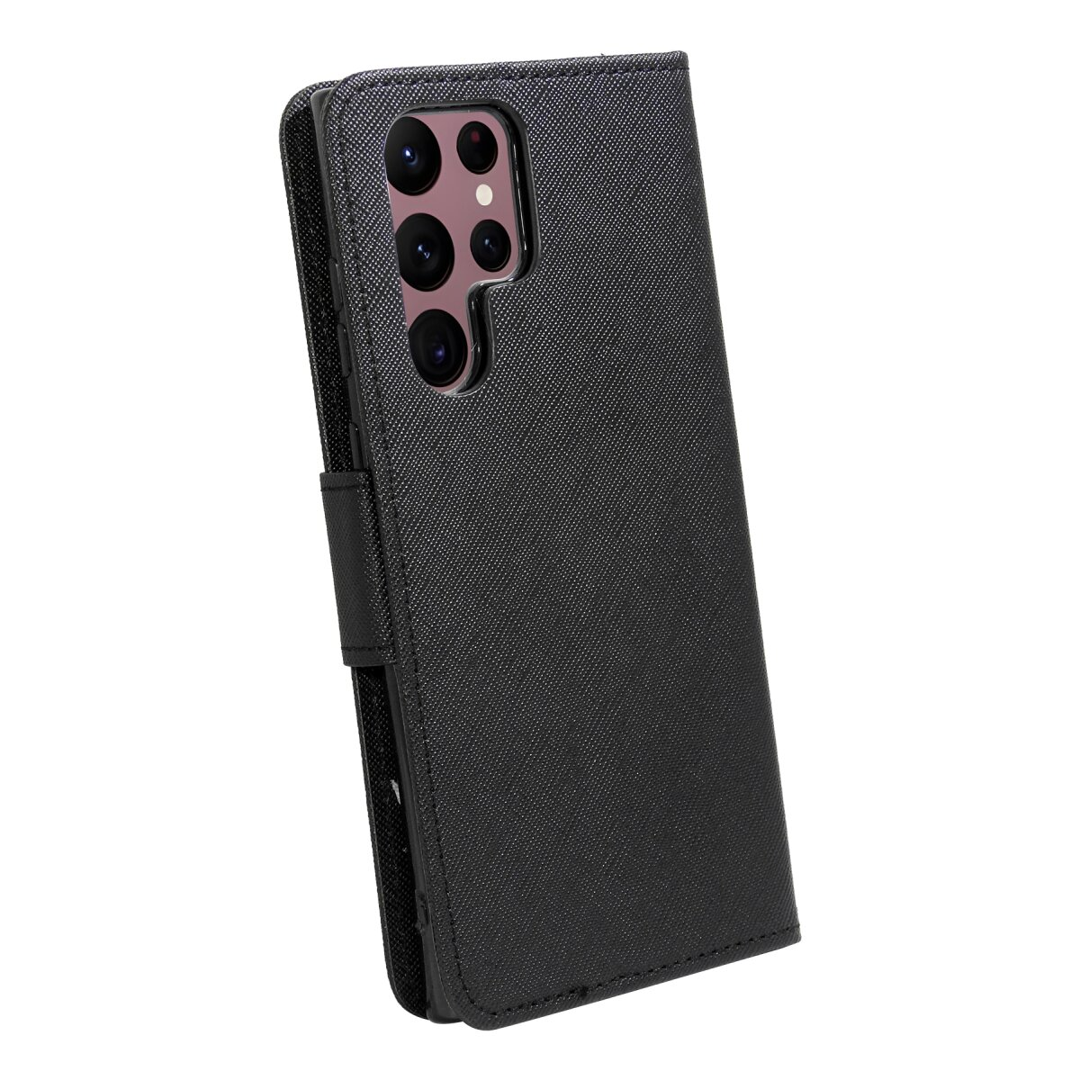 Custodia nera per telefono con telefono all'interno. La custodia è strutturata, con chiusura magnetica.