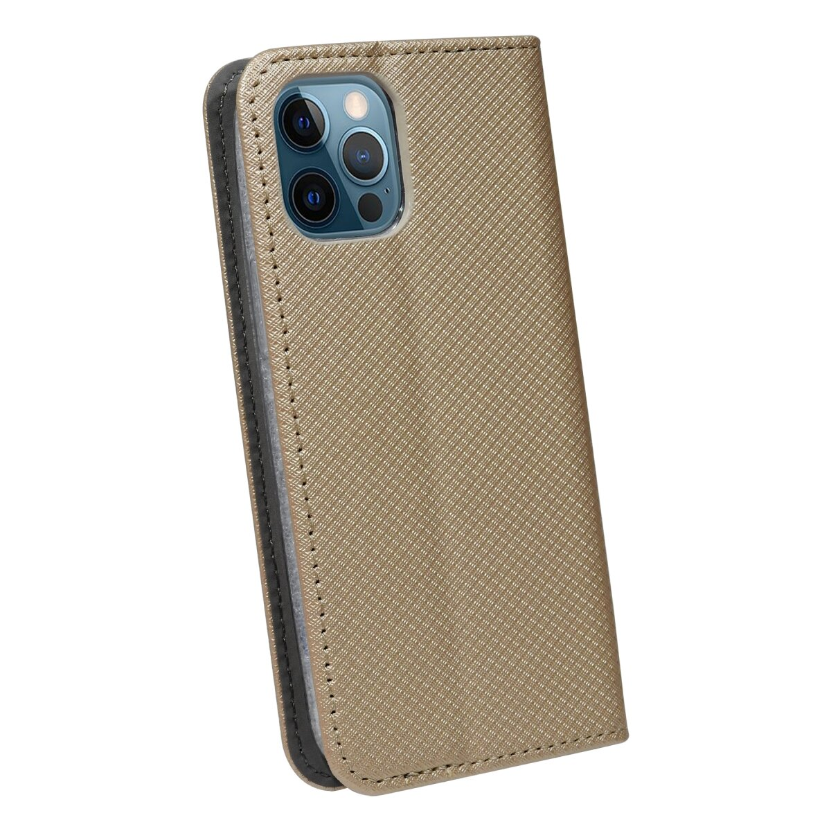 Custodia per telefono color cachi, con telefono visibile. È dorata, con motivo strutturato e dorso nero.
