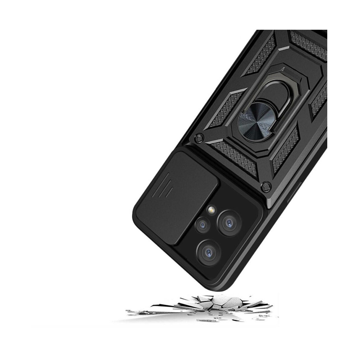 Una custodia per telefono nera con ritaglio per fotocamera e anello di supporto. La custodia è su sfondo bianco.