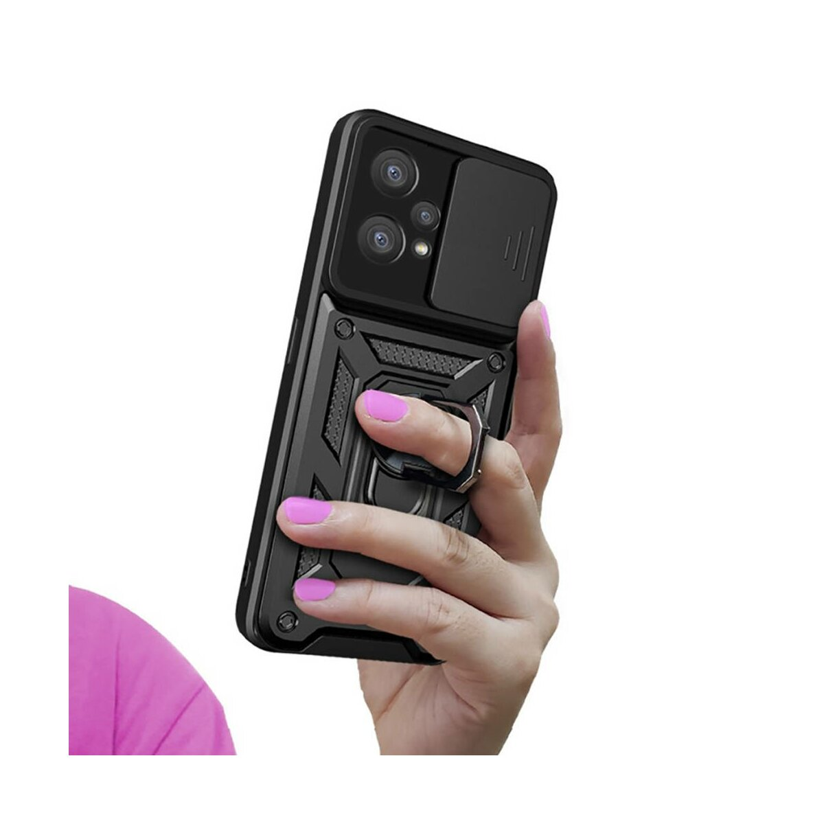 Una custodia per telefono nera con un anello e una copertura scorrevole per la fotocamera tenuta da una persona.