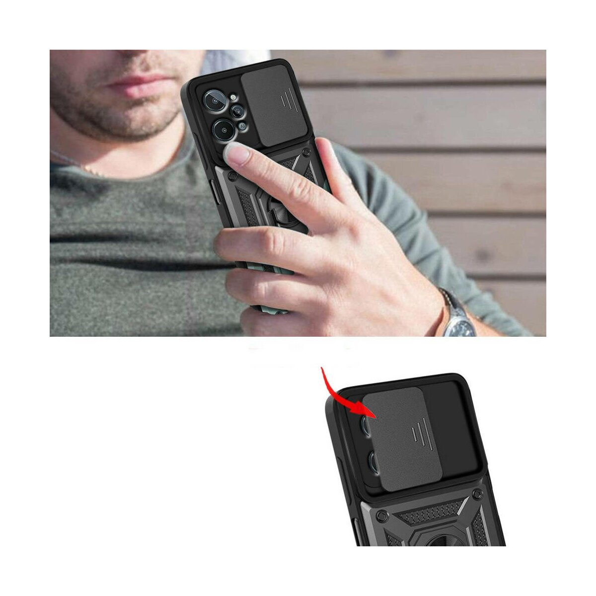 Una persona tiene una custodia per telefono con copertura fotocamera. Una freccia indica la copertura.