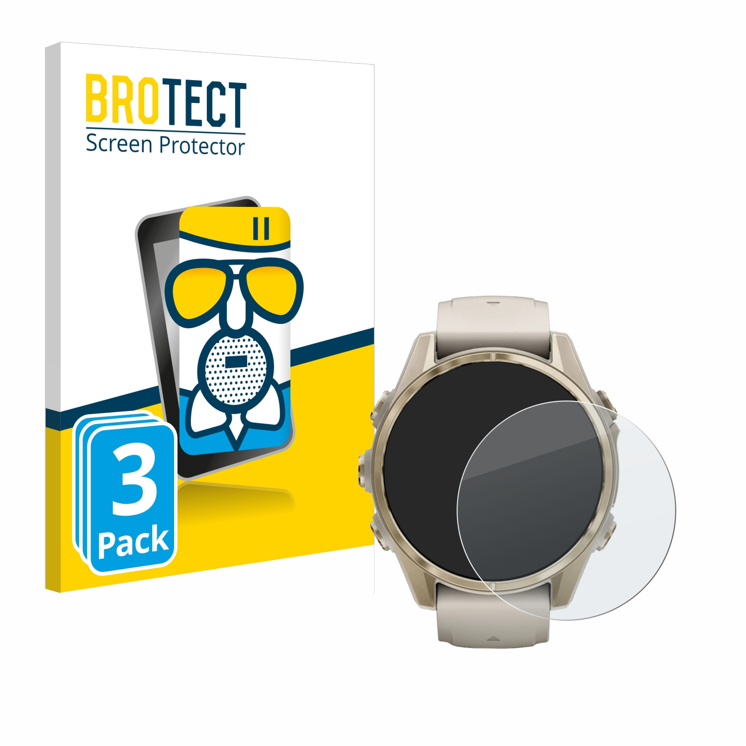 Smartwatch mit Displayschutz und Verpackung. Die Uhr ist silberfarben, der Schutz klar.