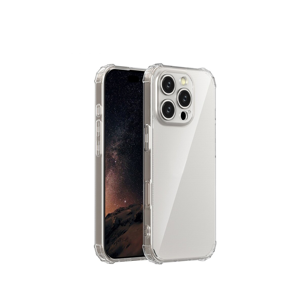 Un telefono in una custodia trasparente, con retro trasparente e sfondo bianco.