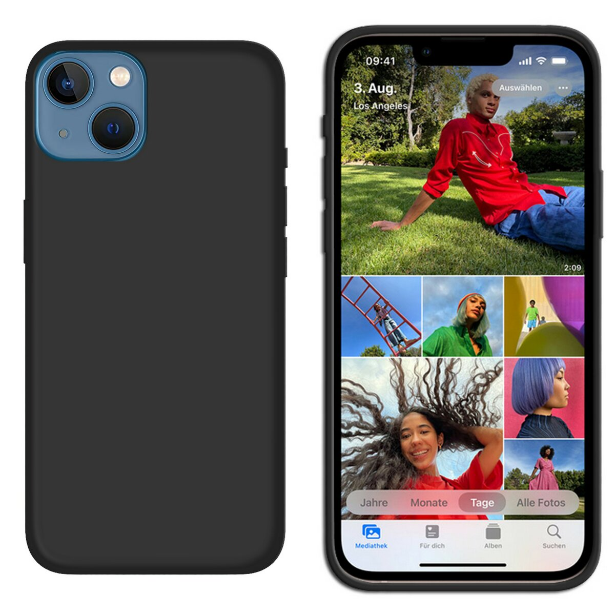 Custodia nera con area fotocamera blu a sinistra e telefono che mostra foto.