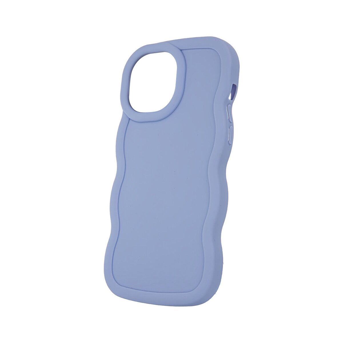 Una custodia per telefono azzurra con un design a bordo ondulato, su sfondo bianco.
