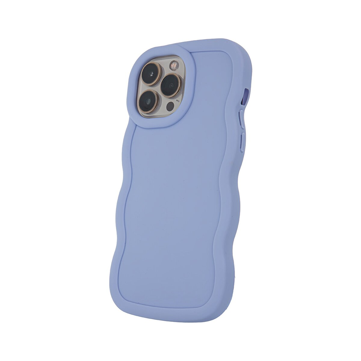 Una custodia per telefono lilla chiaro con un design ondulato, che mostra la fotocamera del telefono.