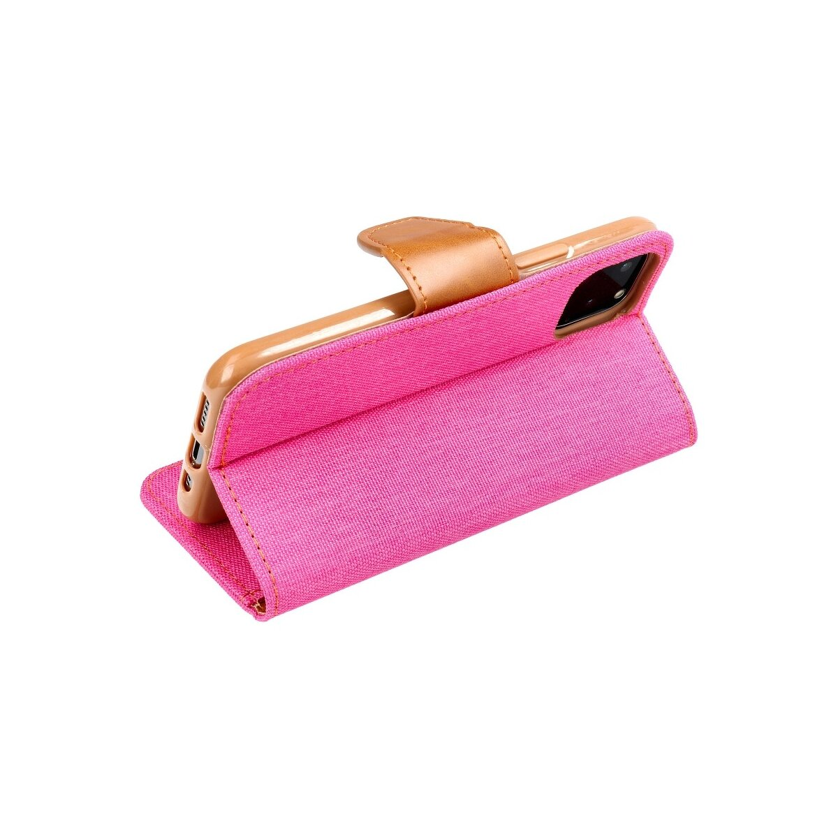 Custodia rosa per telefono in posizione verticale, patta marrone con cinturino, sfondo bianco.