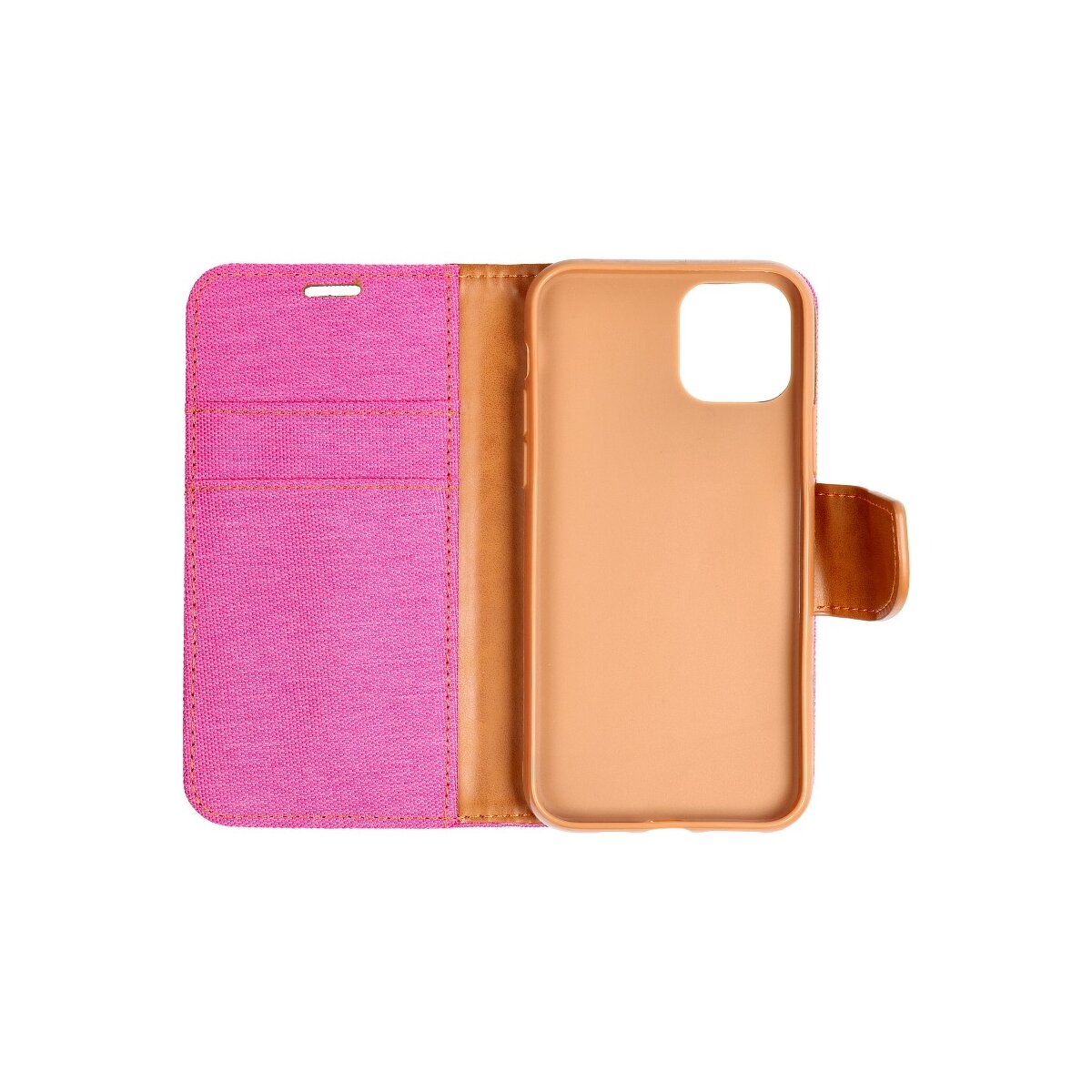 Una custodia per telefono rosa e beige, aperta, che mostra l'interno con scomparti per carte e il supporto.