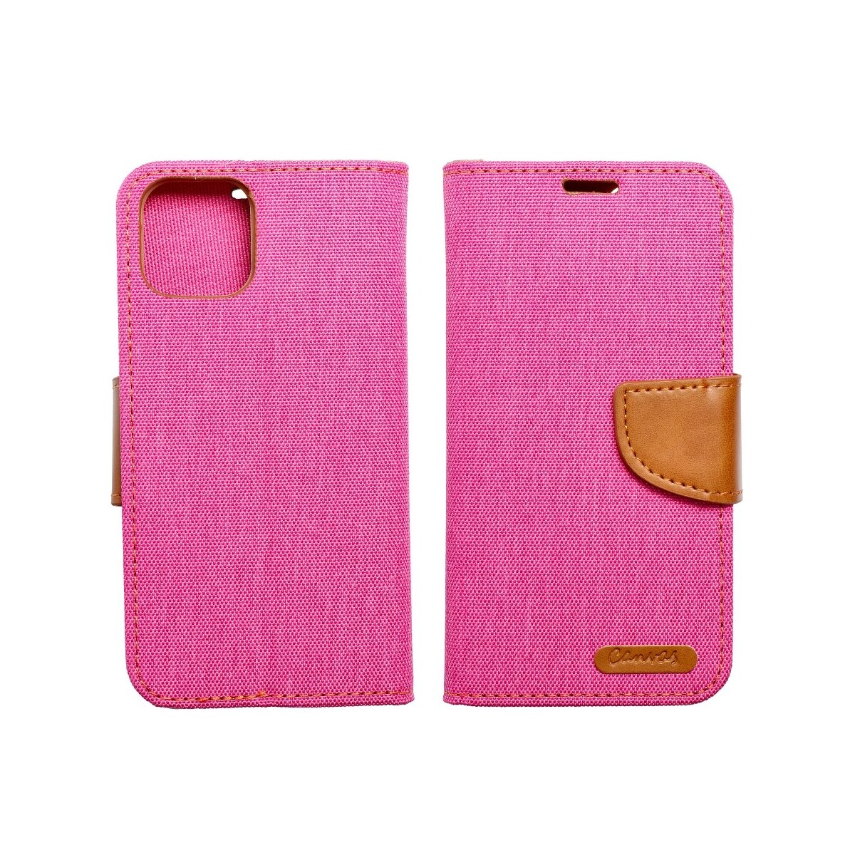 Una custodia per telefono in tela rosa, aperta e chiusa, con patta in pelle marrone e cuciture.