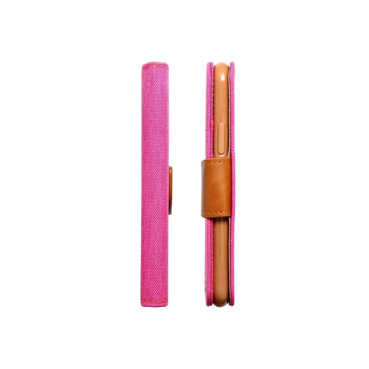 Custodia rosa per telefono, chiusa e aperta, con chiusura in pelle marrone. Telefono all'interno visibile.