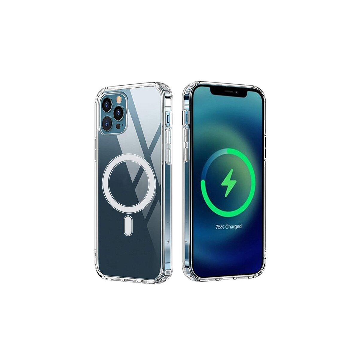 Due telefoni, uno in carica. Entrambi hanno custodie trasparenti. Lo sfondo è bianco.