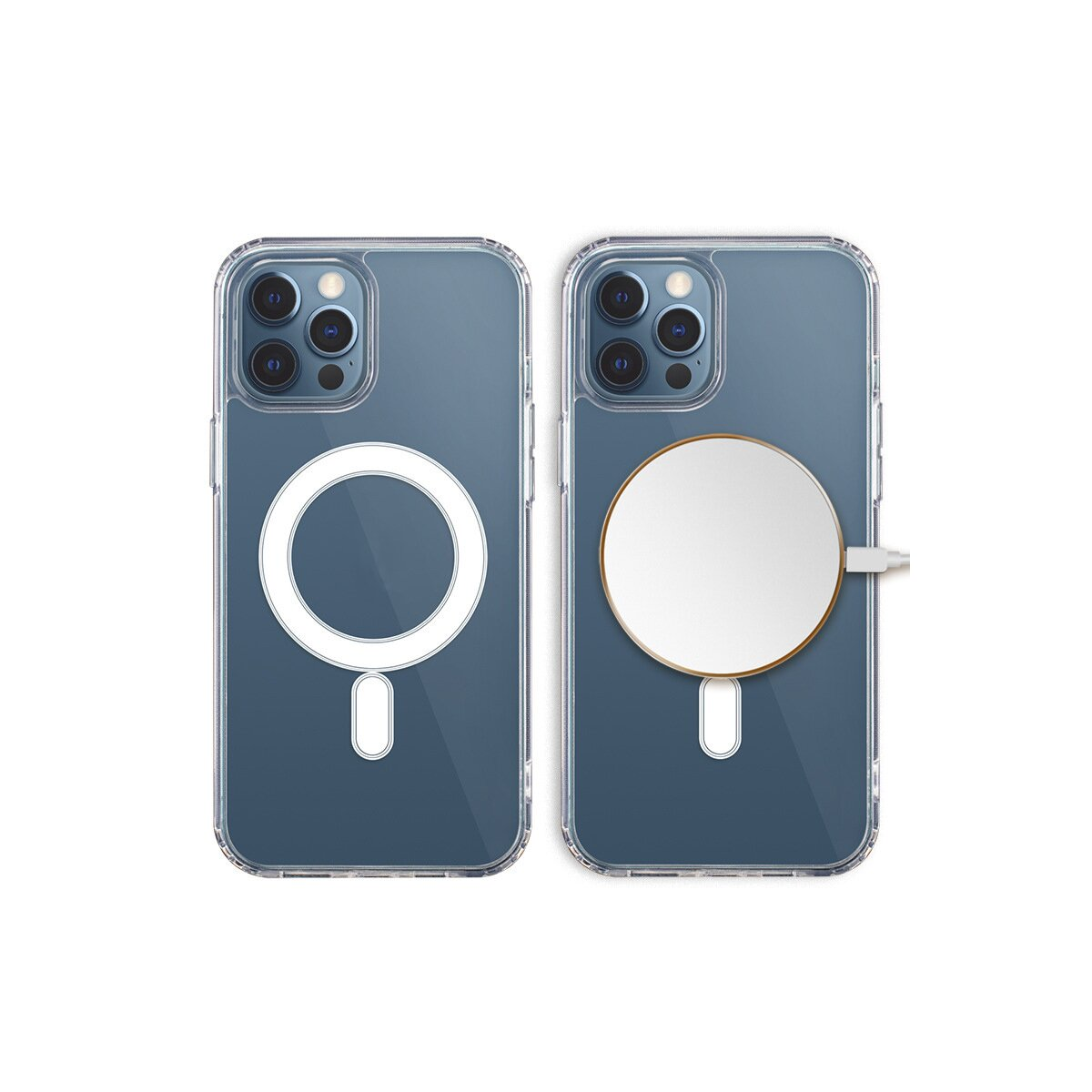 Due custodie per telefono. Trasparenti con un anello bianco e oro. Sfondo bianco.