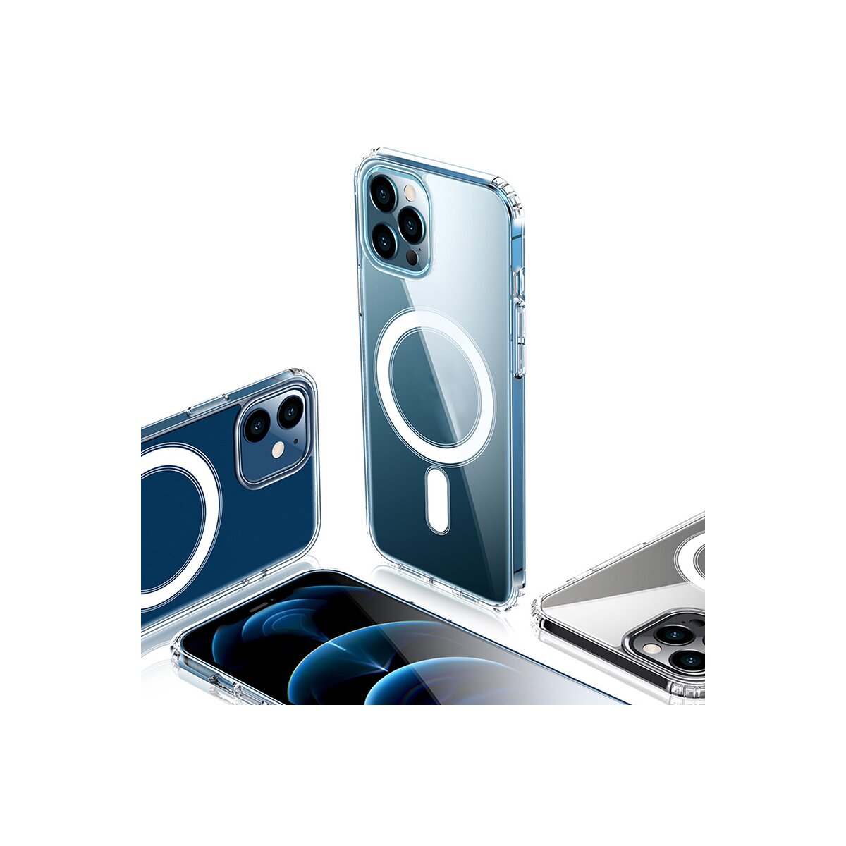 Custodie trasparenti per telefono con caricatore MagSafe circolare bianco e telefono blu su bianco.