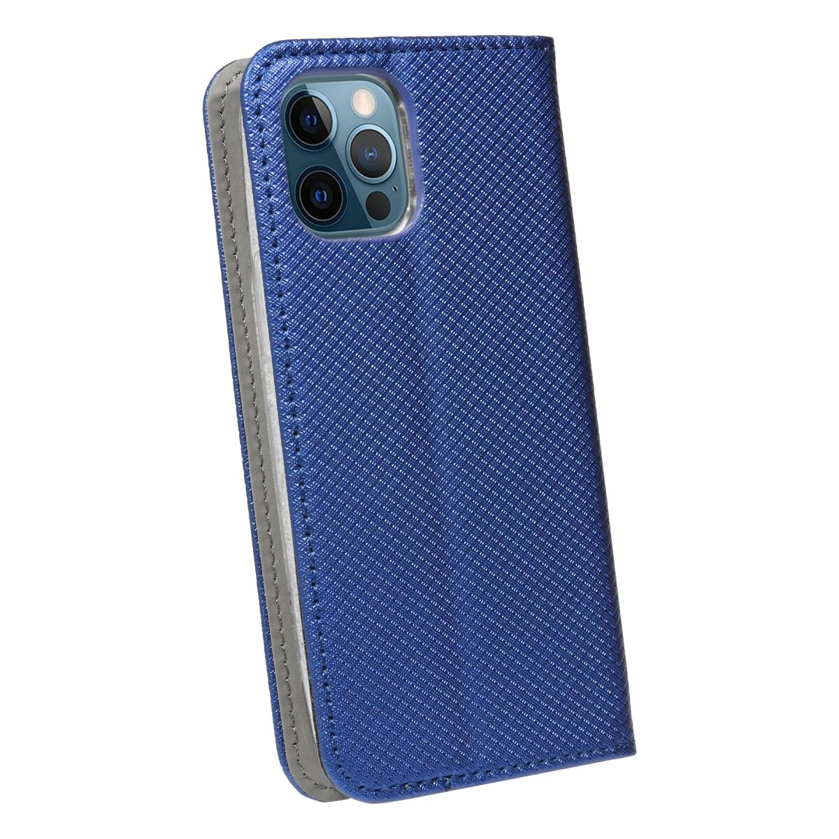 Custodia blu per iPhone, con design a libro, che mostra i ritagli della fotocamera. La custodia ha un bordo grigio chiaro.