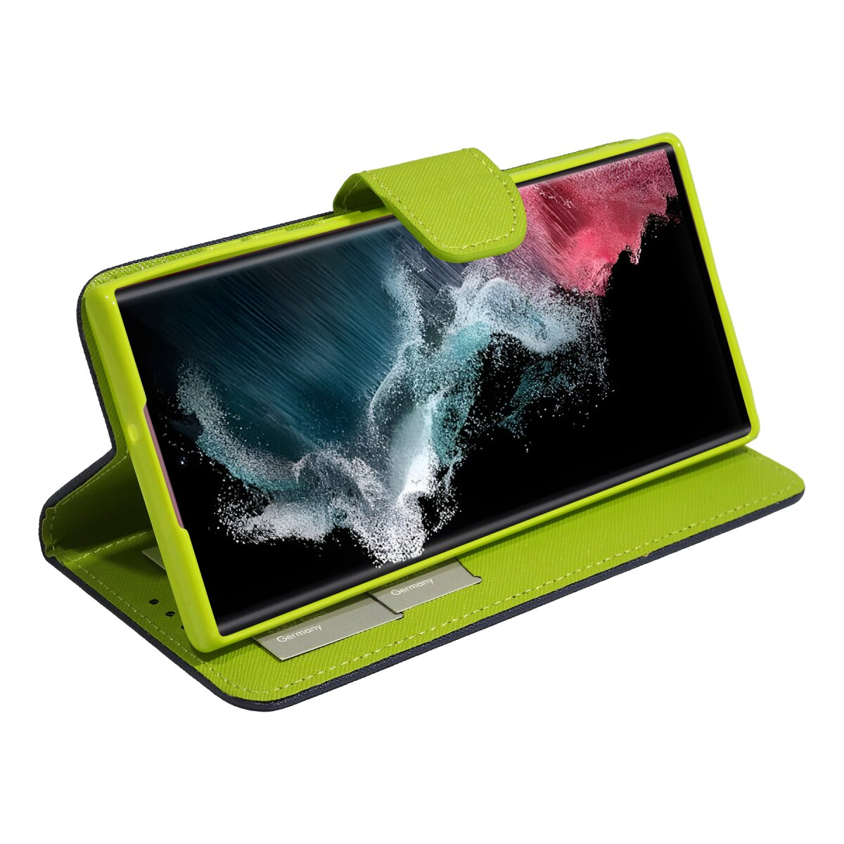 Grünes Tablet in einer grünen Folio-Hülle, offen, zeigt den Bildschirm.