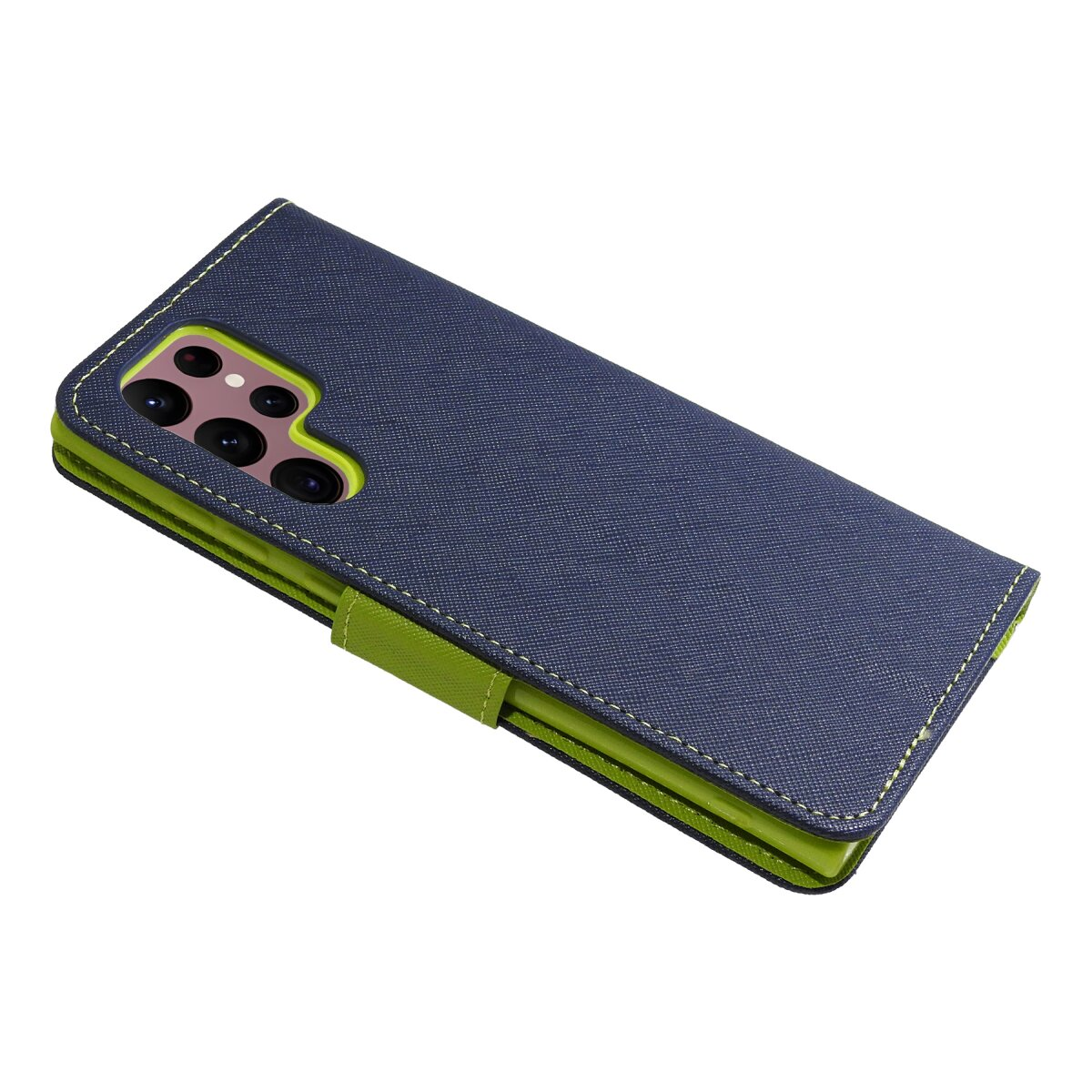 Una custodia per telefono blu e verde. La fotocamera del telefono è visibile.