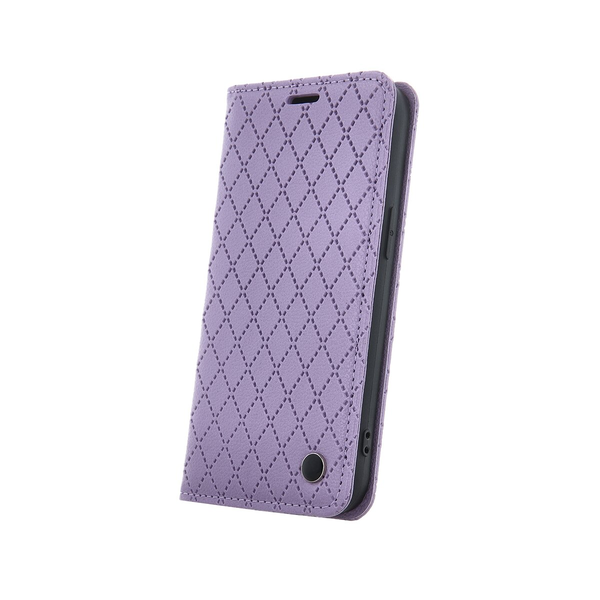 Un telefono in una custodia viola a rombi. La custodia è chiusa, mostrando la parte anteriore.