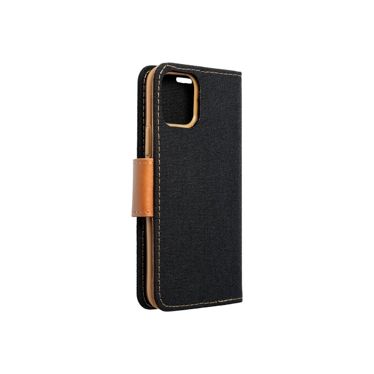 Custodia per telefono nera con inserti in pelle marrone. Chiusa, in piedi su sfondo bianco.