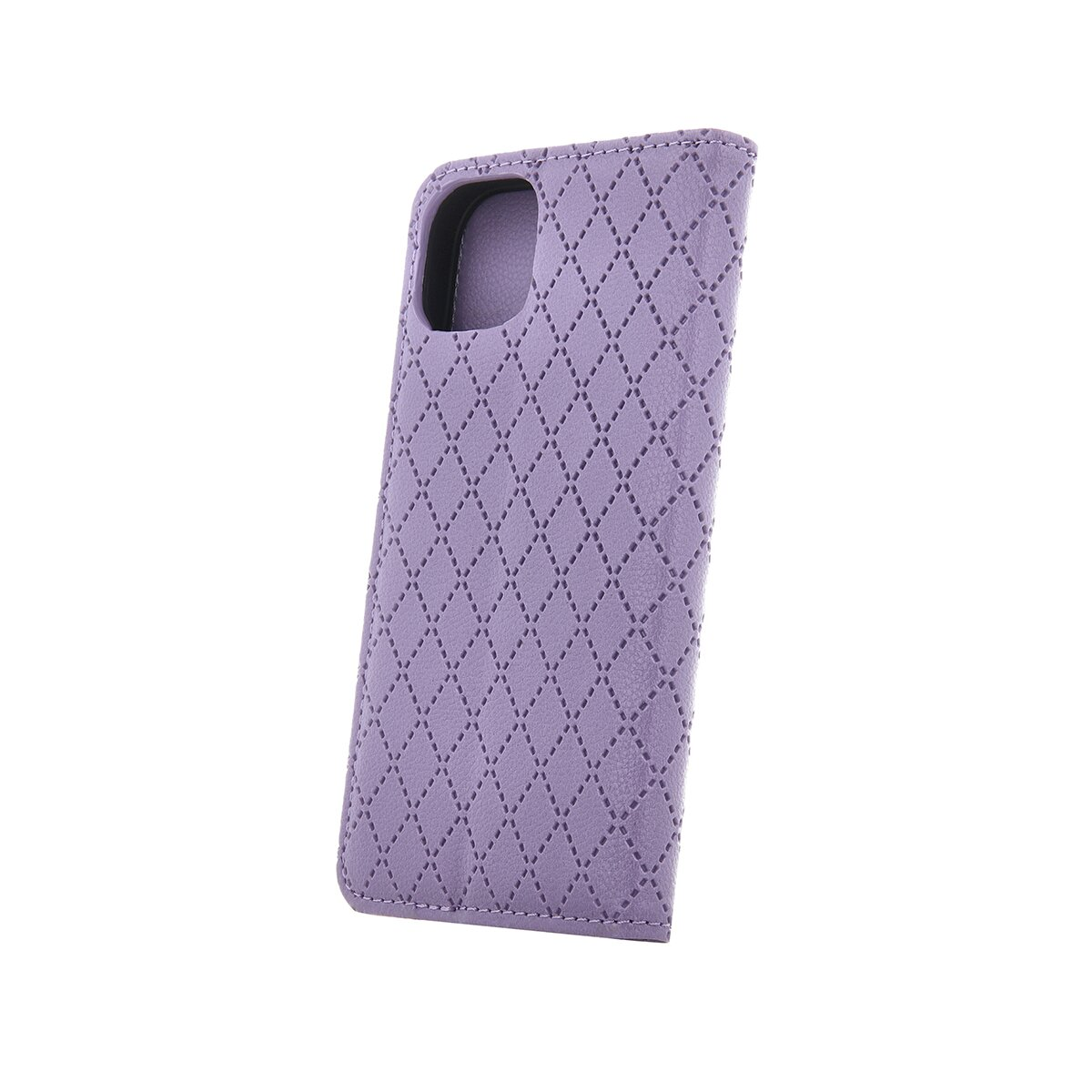 Custodia per telefono viola con motivo trapuntato.