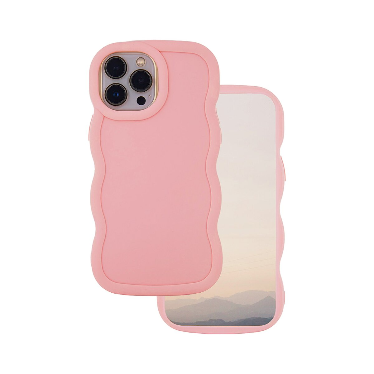 Una custodia per telefono rosa con bordo ondulato e riflesso di un paesaggio.