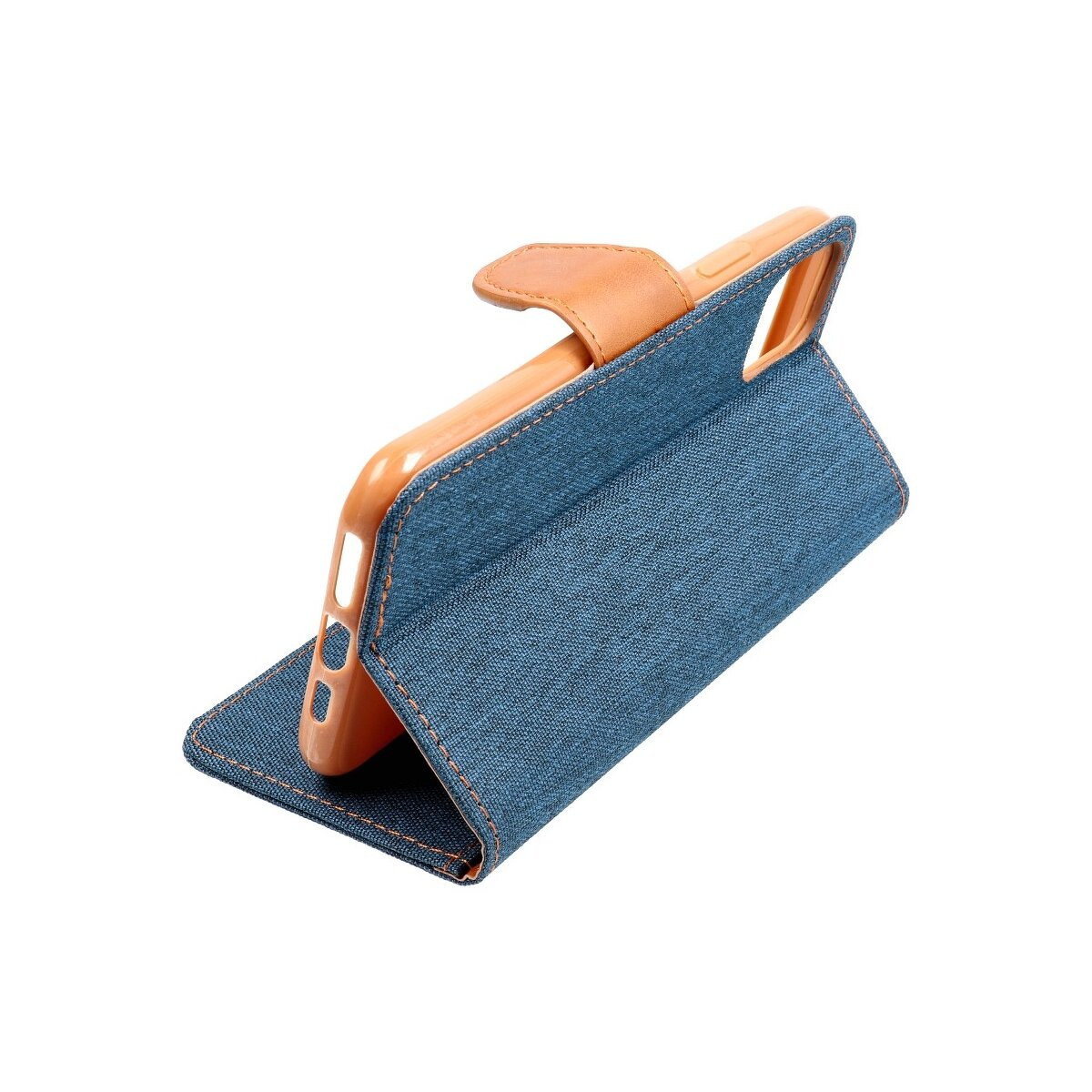 Custodia per telefono in denim e arancione, aperta per rivelare il telefono all'interno.