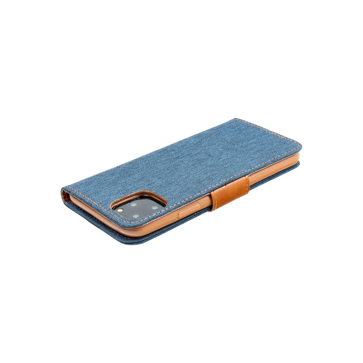 Custodia per telefono in denim blu con finiture in pelle marrone. Ritaglio della fotocamera visibile.