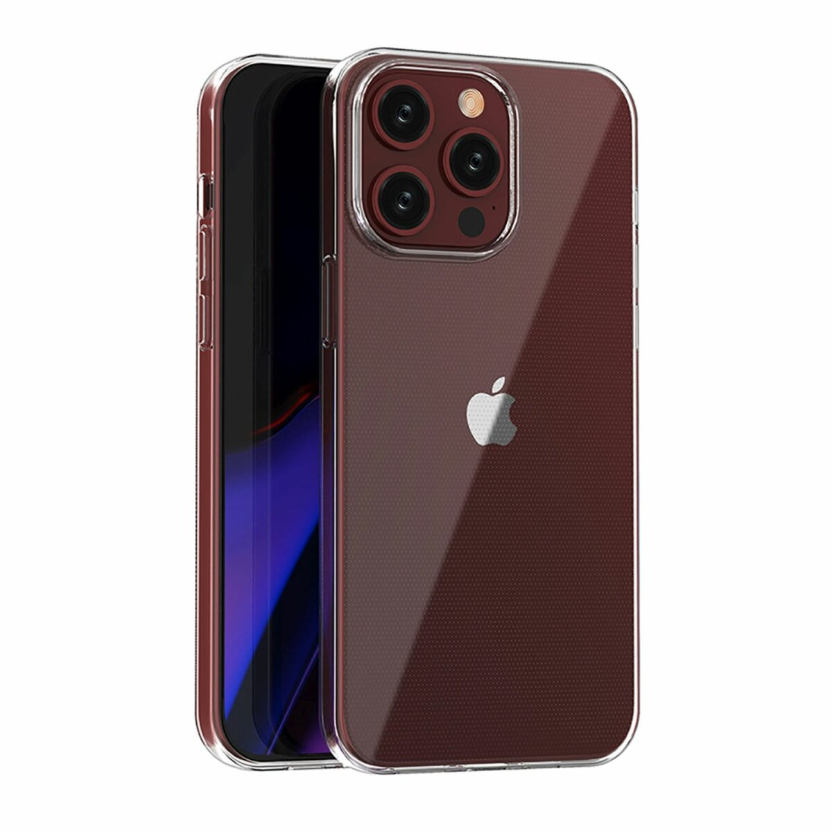 Una custodia trasparente per telefono su un telefono con retro bordeaux e lenti della fotocamera. Lo sfondo è bianco.