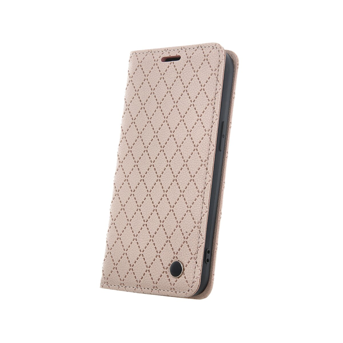 Custodia beige per telefono con motivo a diamante. Chiusa, su sfondo bianco.