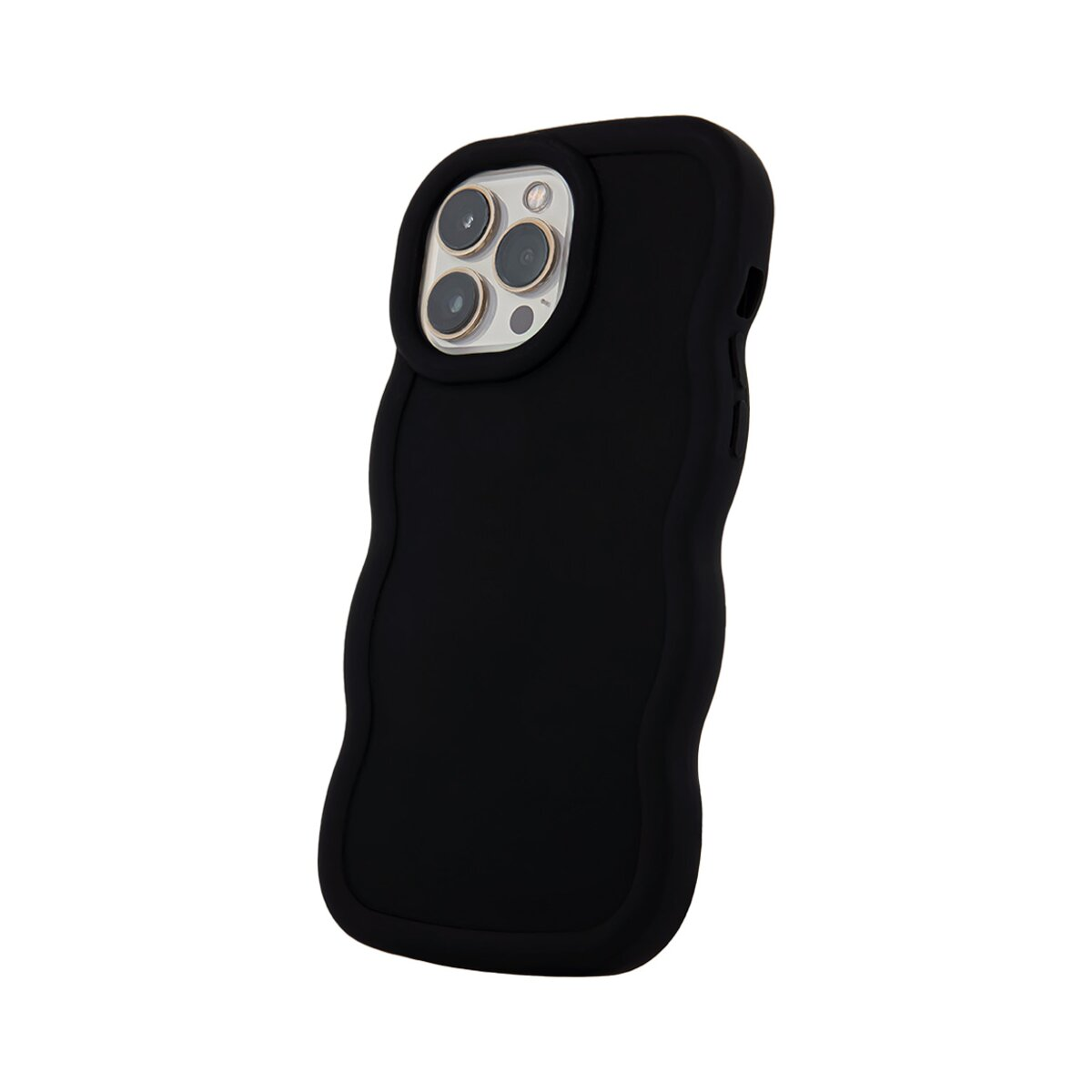 Custodia nera per iPhone con bordi ondulati. Modulo fotocamera visibile sopra.