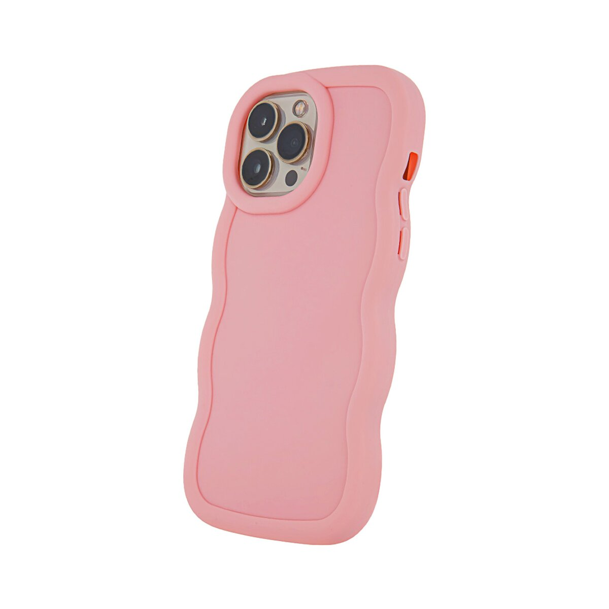 Custodia rosa ondulata per telefono con ritagli per fotocamera, su sfondo bianco, isolata.