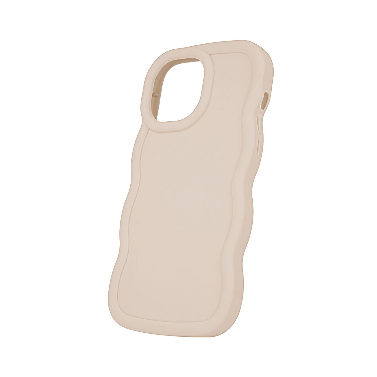 Una custodia beige per telefono con un design a bordo ondulato non convenzionale. La custodia è in posizione verticale.