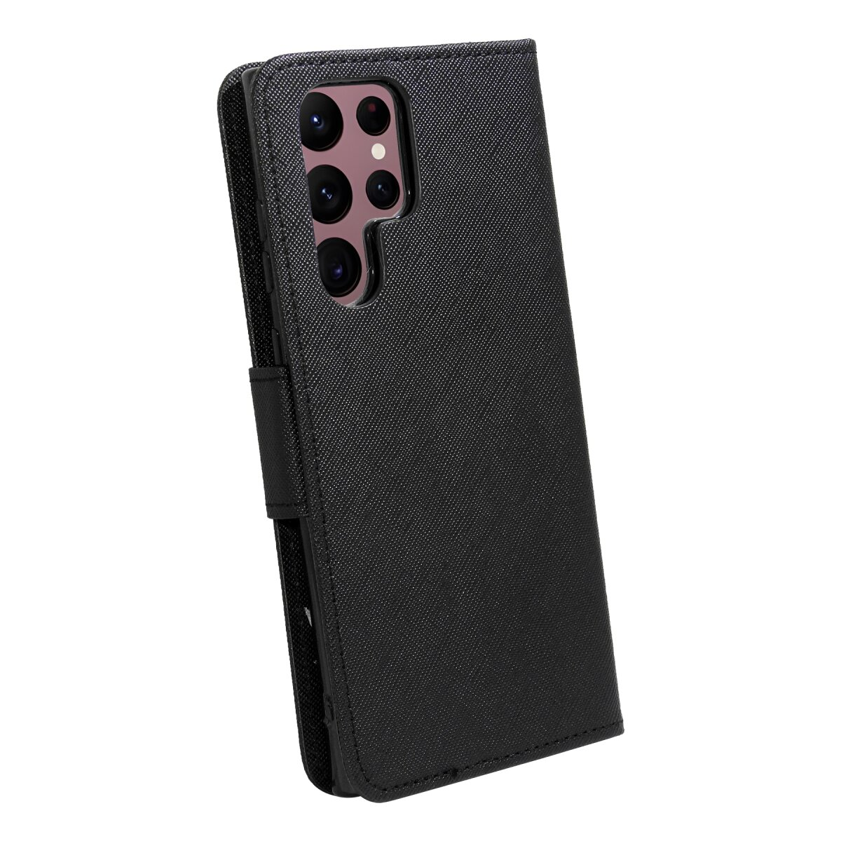 Una custodia nera per telefono con un telefono inserito, che mostra gli obiettivi della fotocamera.