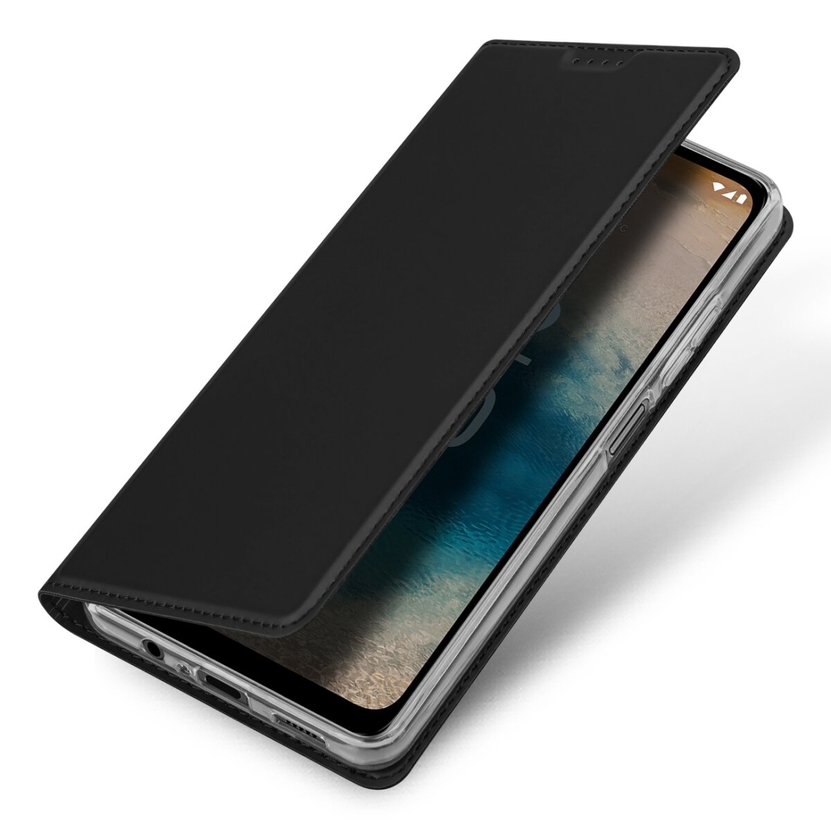 Una custodia nera per telefono, aperta, rivela lo schermo. Mostra un motivo blu e beige.