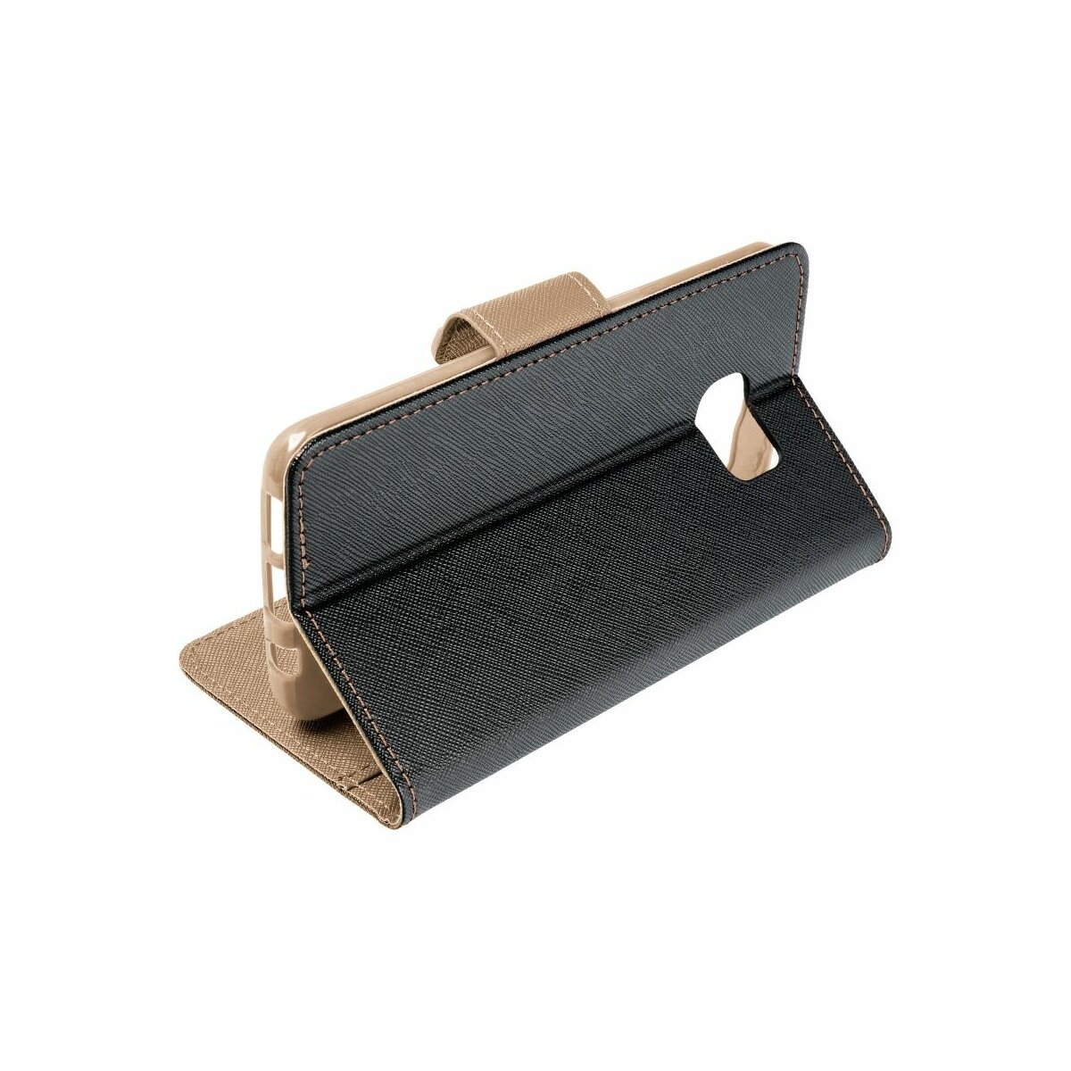 Custodia per telefono nera e beige, aperta, con un telefono all'interno, su sfondo bianco.