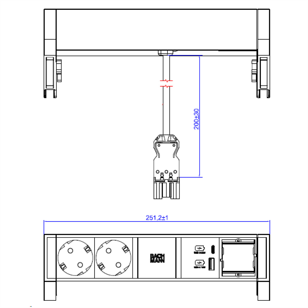Diagramm einer Steckdose mit angegebenen Abmessungen. Draufsicht und Vorderansicht.