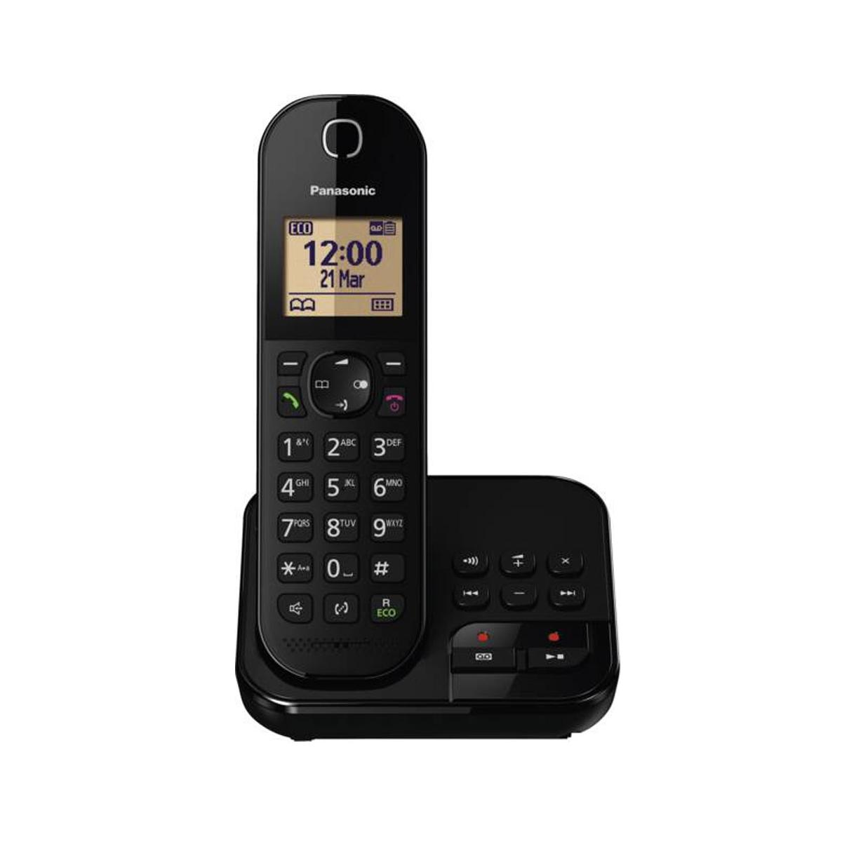 Un telefono cordless Panasonic nero con tastiera e display illuminato su una base.