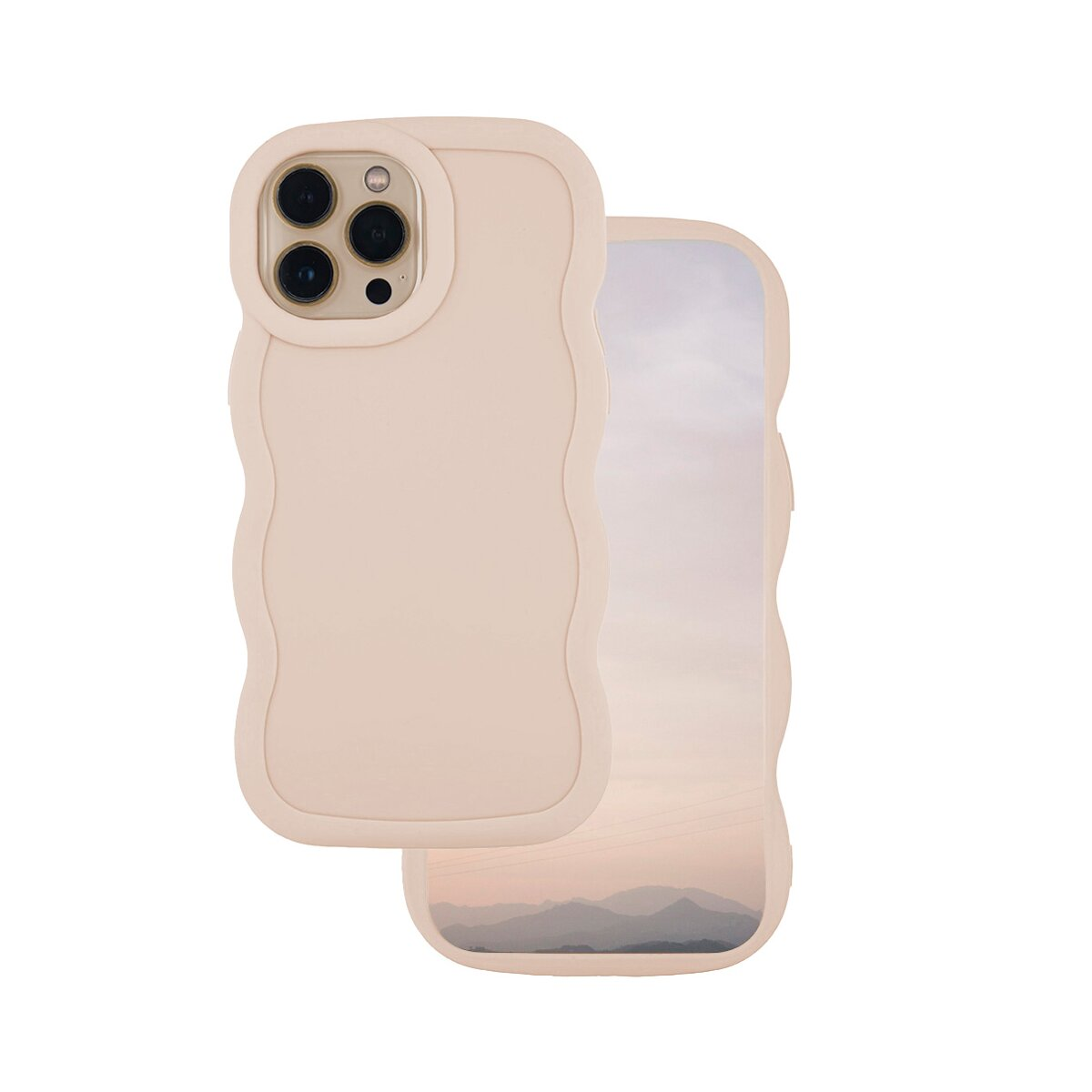 Custodia beige per iPhone con design ondulato. Lo sfondo mostra un tramonto.