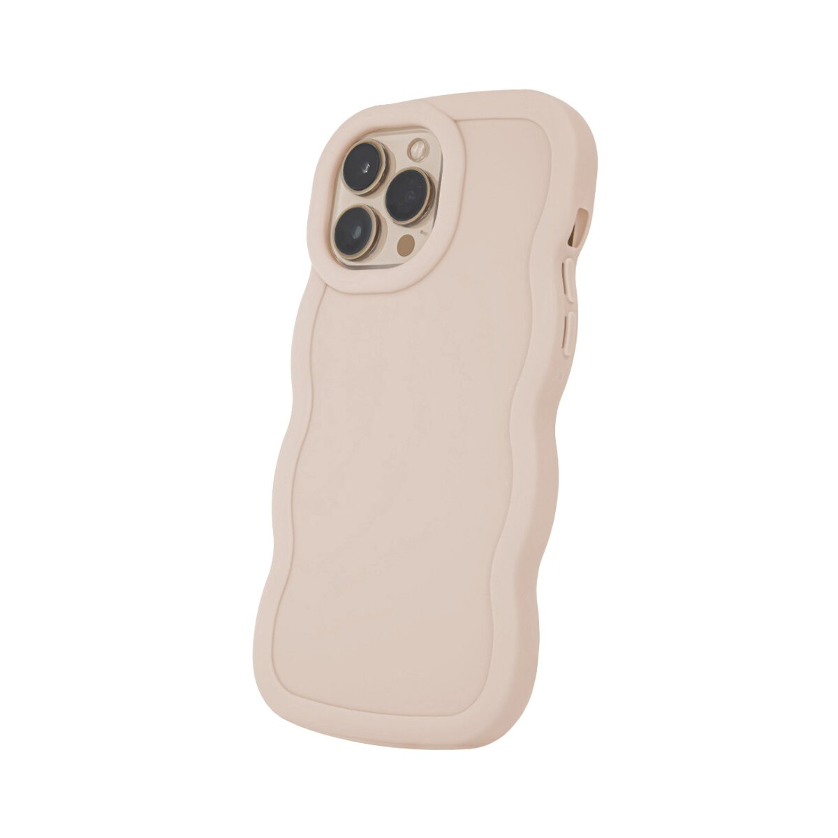 Una custodia per telefono beige con un design ondulato, con un ritaglio per la fotocamera, su sfondo bianco.