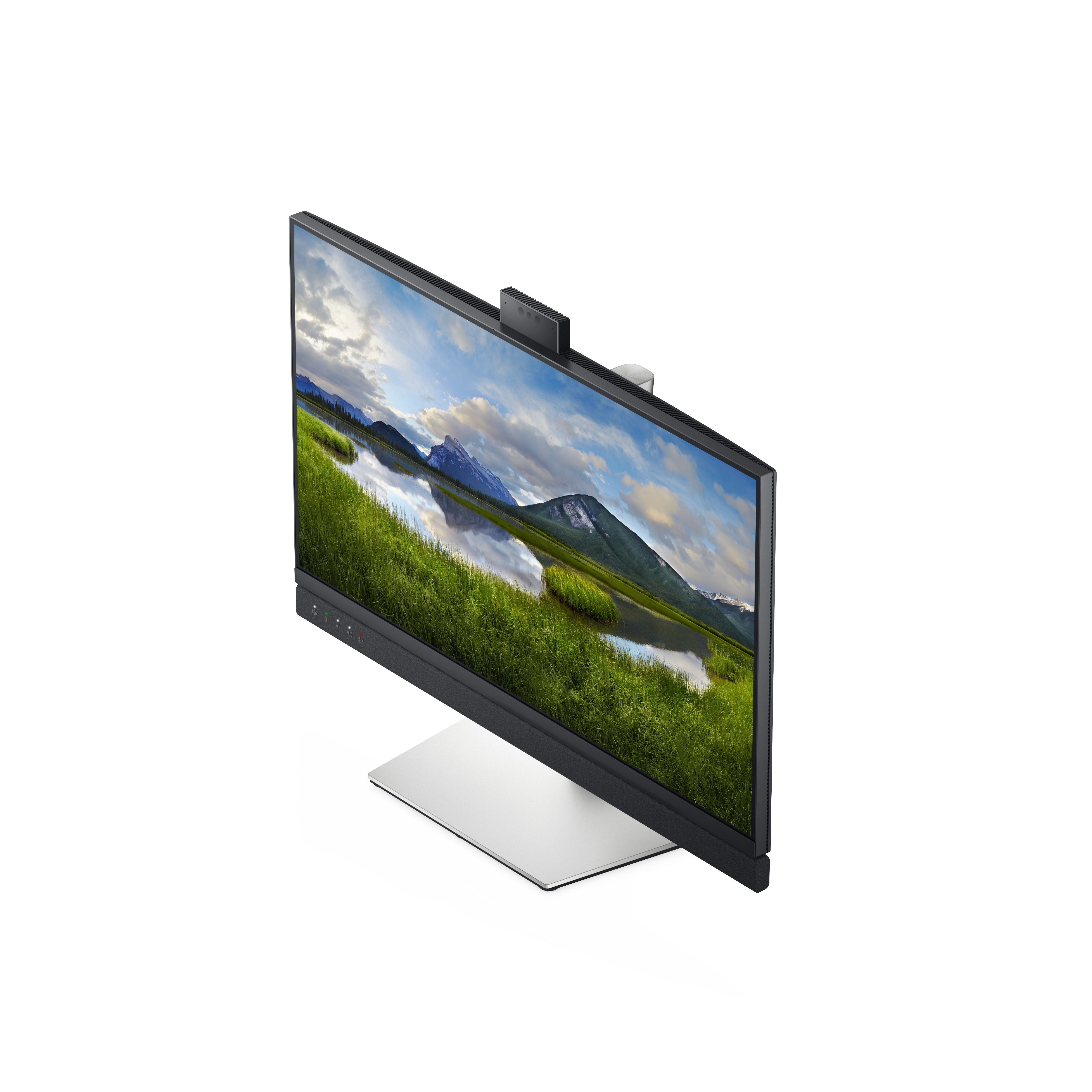 Monitor del computer angolato, che mostra una scena paesaggistica. Sfondo bianco.