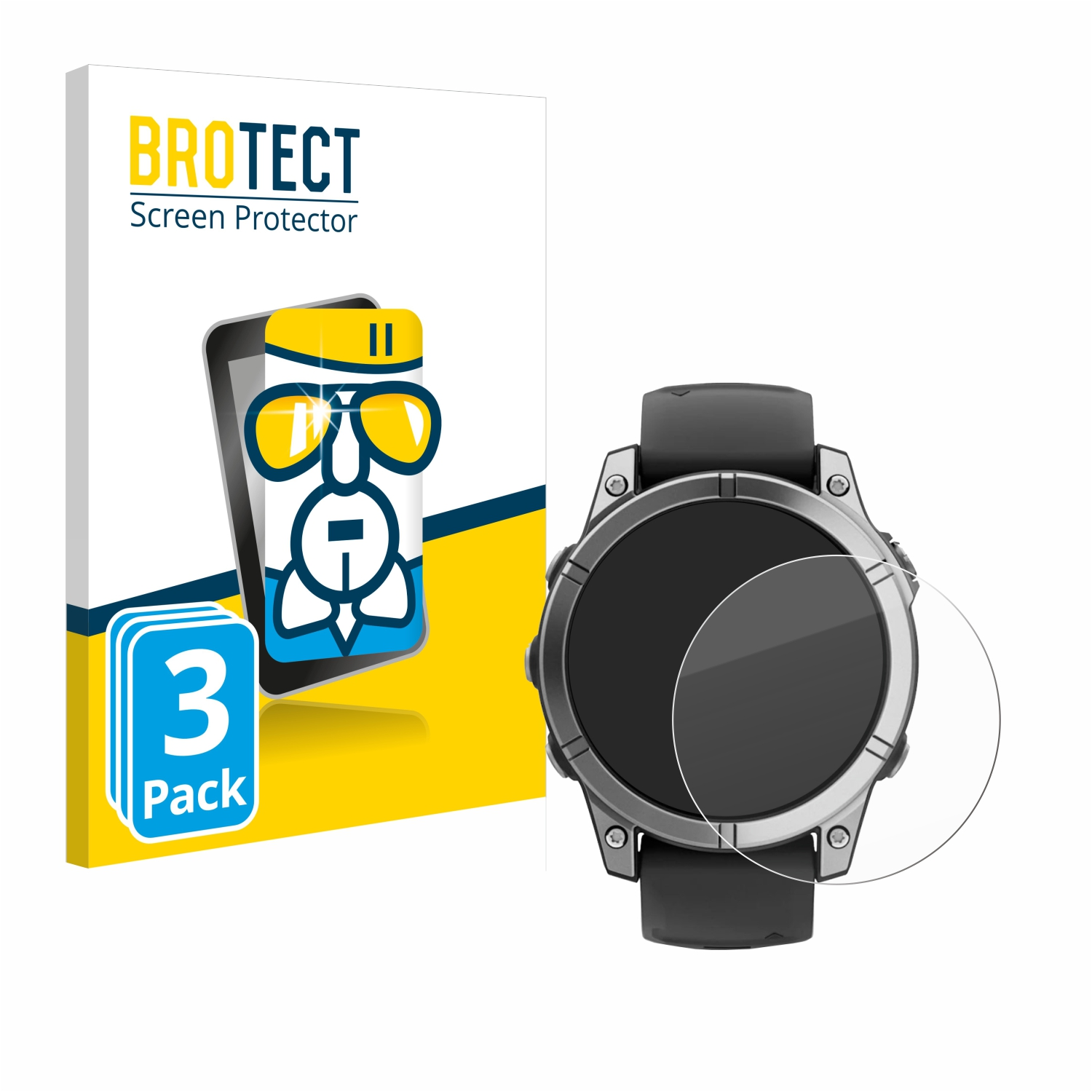 Schwarze Smartwatch, Displayschutz und Box mit Markennamen und der Zahl drei.