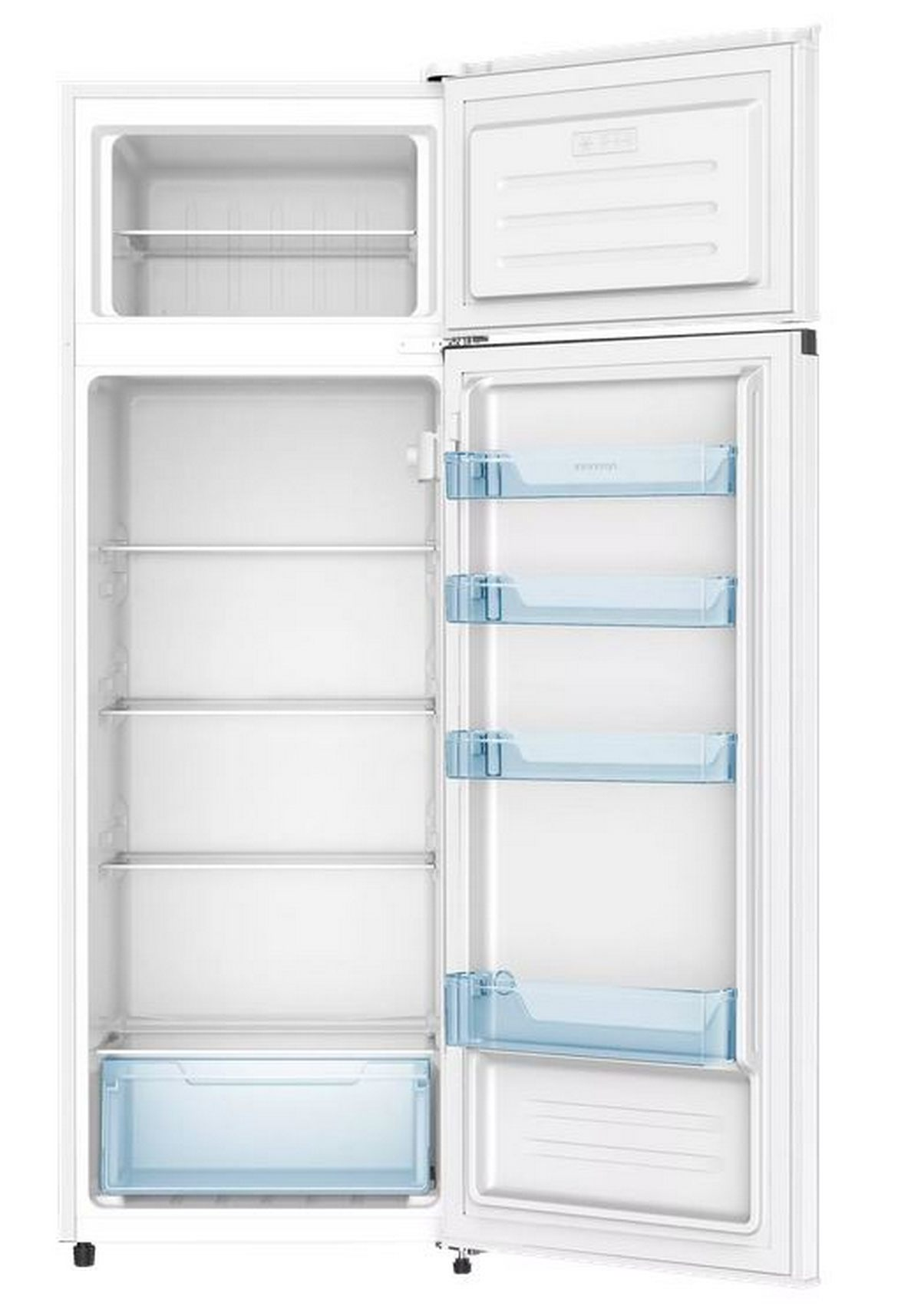 Refrigerador blanco abierto con compartimento congelador. Estantes y cajones interiores visibles, vacíos.