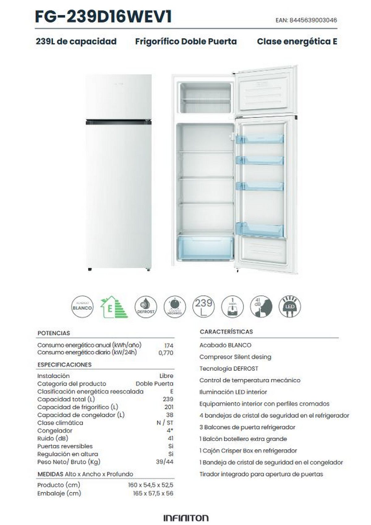 Refrigerador blanco de doble puerta con especificaciones. Las puertas están abiertas, mostrando estantes y cajones.