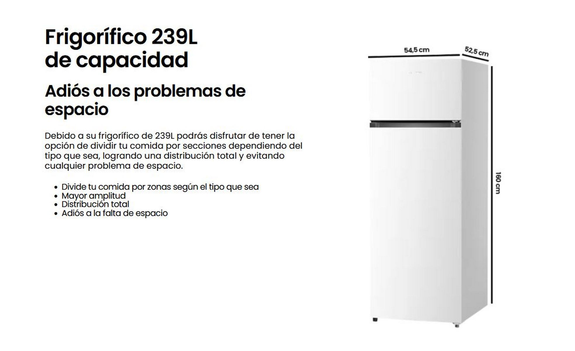 Un refrigerador blanco con dimensiones y texto sobre ahorro de espacio y organización de alimentos.