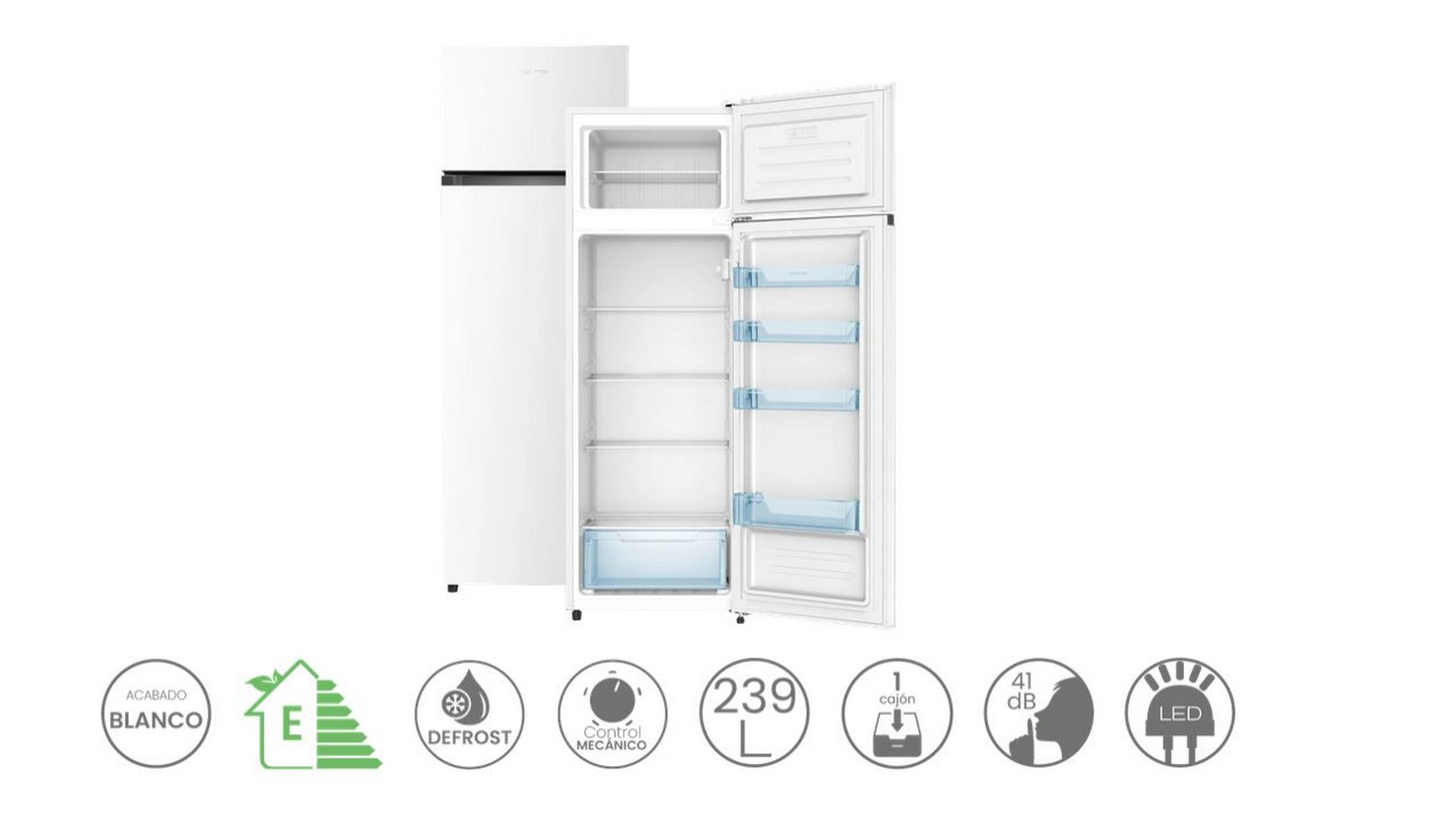 Refrigerador blanco con la puerta del congelador abierta, mostrando estantes y contenido.