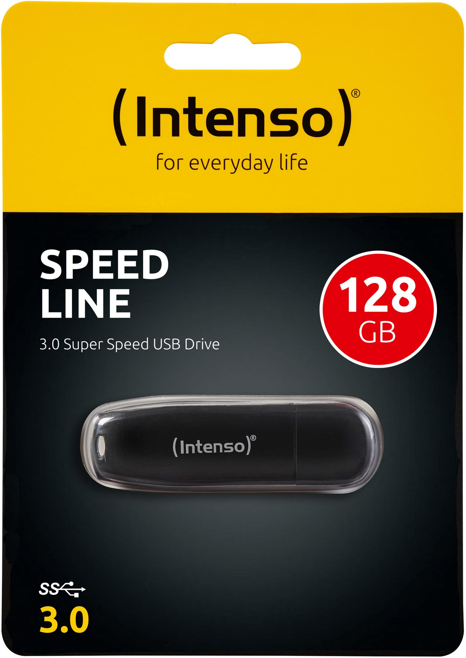 USB drive in packaging with text and a 128GB sticker.
