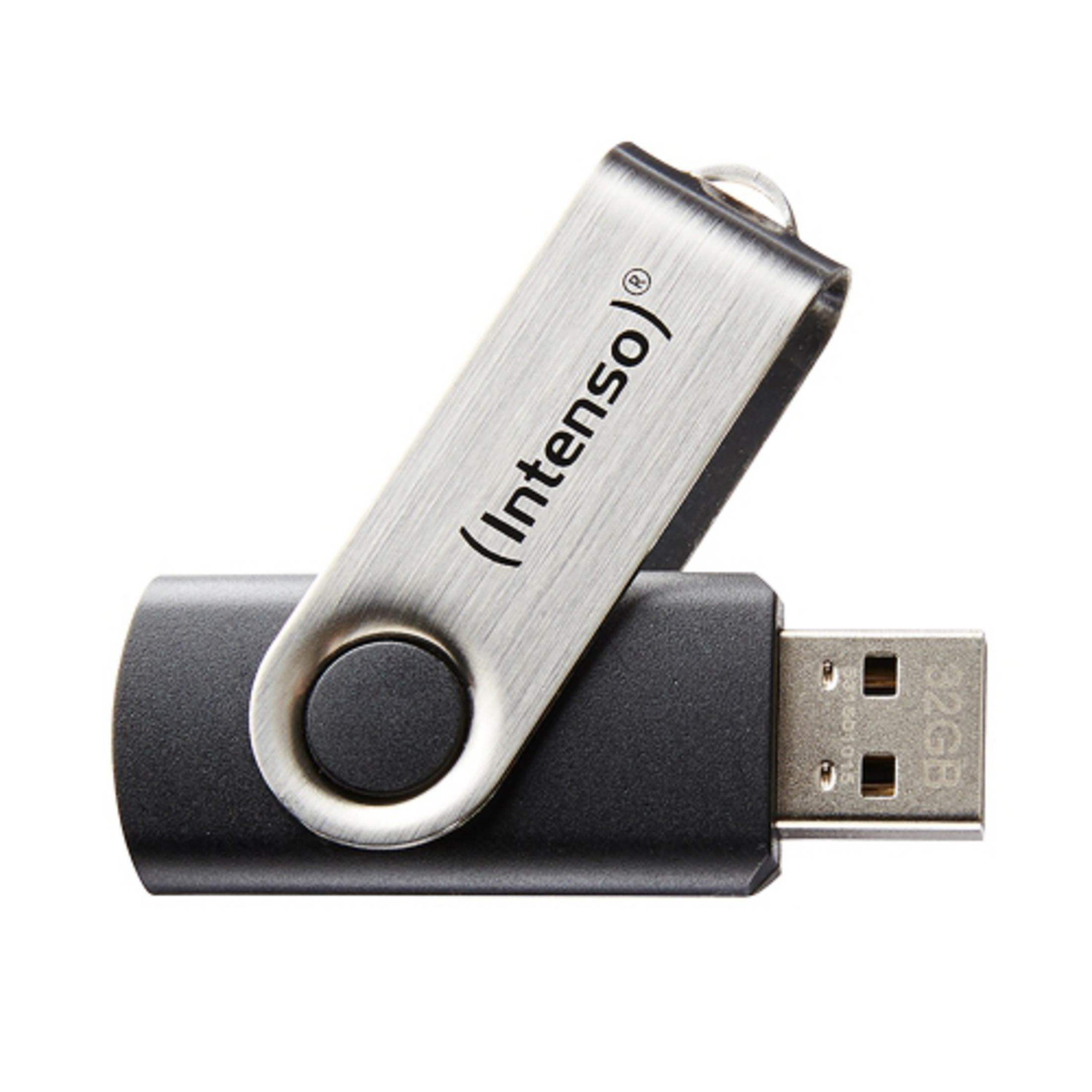 Srebrny i czarny pendrive USB z marką 'Intenso'.