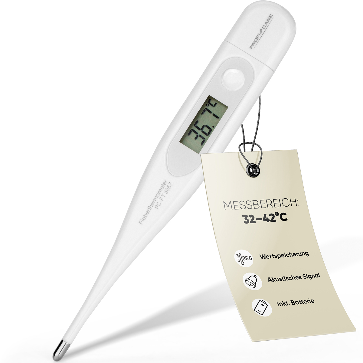 Termometro digitale bianco con etichetta. Mostra 36,7°C e ha un intervallo di 32-42°C.